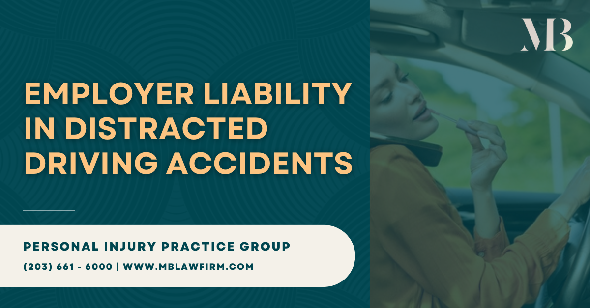Distracted driver at steering wheel, text 'Employer Liability in Distracted Driving Accidents'