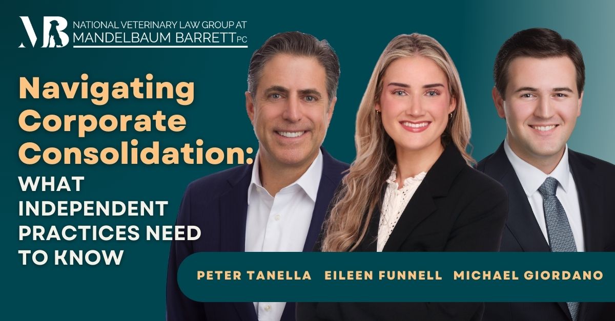 Mandelbaum Barrett National Veterinary Law Group promotional image with three attorneys