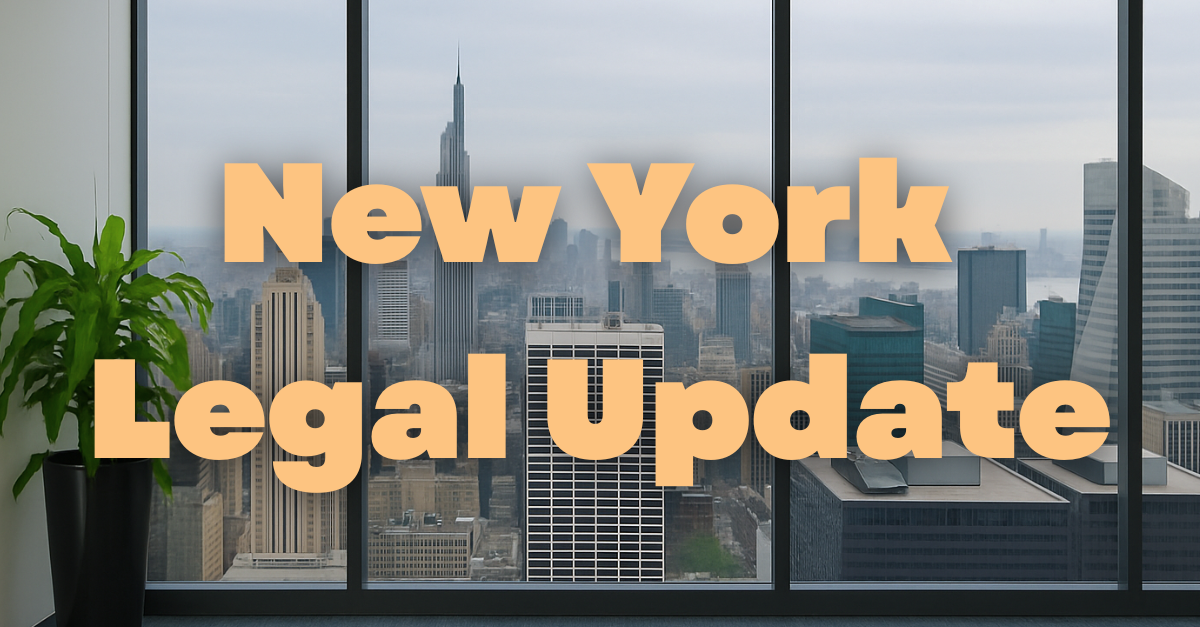 Aerial view of Manhattan skyline with 'New York Legal Update' text overlay from office window.