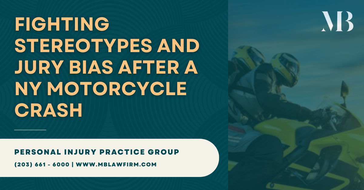 Mandelbaum Barrett PC promotional graphic on jury bias in New York motorcycle crash cases