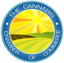 The Cannabis Chamber of Commerce circular seal logo with blue border and yellow sunburst over green landscape