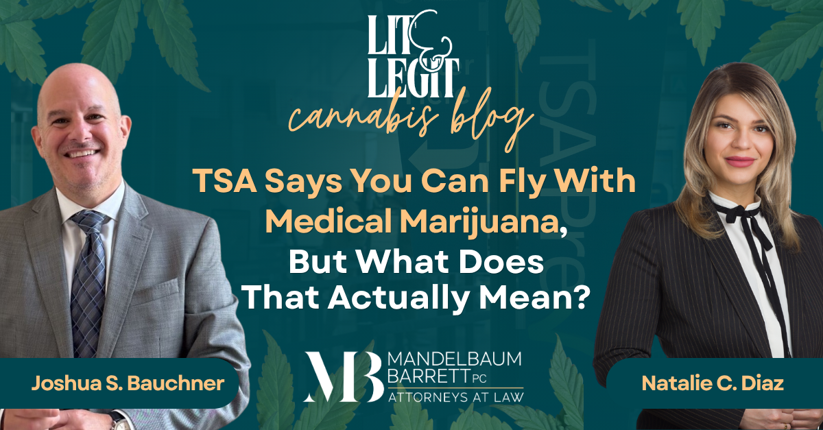 Mandelbaum Barrett PC cannabis blog cover with two attorneys and cannabis leaf imagery.